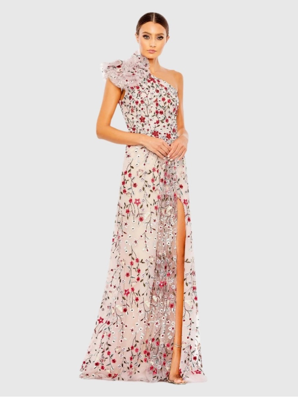 Mac Duggal 20331 Pink Embellished One Shoulder A Line Floral Gown Size 16 NWT